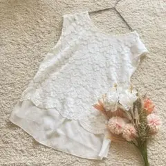 Raf Raf レースブラウス　ノースリーブ　リバーシブル　シフォン素材　白　M