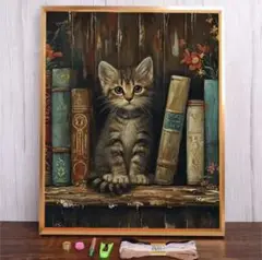 本棚の猫の刺繍キット 30×40