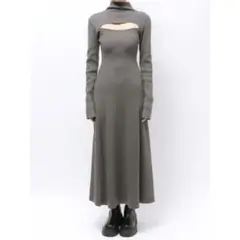 ②エモダ カットアウトマキシニットワンピース グレー 秋冬 モード系 セクシー