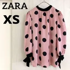 未使用◆ZARA ザラ ドット7分袖ブラウス ピンク 黒 袖リボン ボタン XS