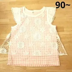 90 トップス　レース　透け　ギンガムチェック　ピンク　花