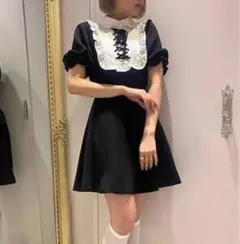 BUBBLES レースアップフリルドレス 半袖 ブラック