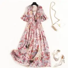新品★大きいサイズ　ワンピース　花柄　フリル半袖　ミモレ丈　ビーズ　スパンコール
