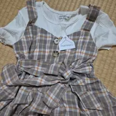 新品未使用mamaraku チェック柄サロペット風ワンピースとTシャツセット