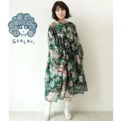 ゆったりめ⭐︎ スカラー　大花蝶柄ドットシフォンジャガードワンピース グリーン　M