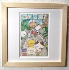 手作り額付き　水彩原画　title「ねこたちの夏休み〜蝶々を見に来たよ〜」