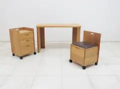 ナラ無垢材 デスク＆チェストワゴン＆チェア セット 本革張り 机 検MUKU工房