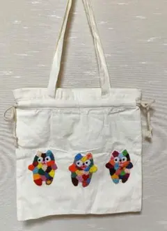 カラフル刺繍の巾着型エコバッグ