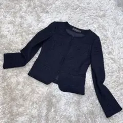 Reflect ツイード ラメ ノーカラー ジャケット 紺 ネイビー♡美品♡