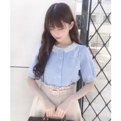 新品未使用 ストライプ柄ライトブルー半袖シャツFサイズ