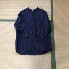 TKshop rリネン100% ネイビー 五分袖 シャツ