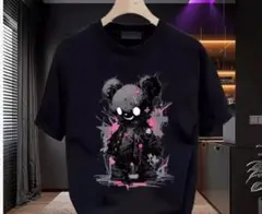病みかわ 地雷系 Tシャツ 闇くま ブラック くまプリント 半袖 黒　XL