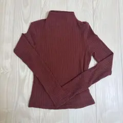 リブ編み ハイネック 長袖トップス バーガンディ