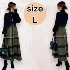 ワンピース　ドッキング　ロング　切り替え　チェック　ハイネック　ハイウエスト　L