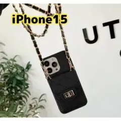 iPhone15 キルティング ケース　黒　ストラップ　ショルダー