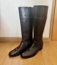【本革】ブラックレザー ロングブーツ ジッパー付き 23.0cm
