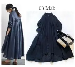 美品 08Mab ゼロハチマブ リネンギャザーシャツワンピース 黒 麻100%