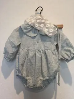 チェックロンパース　ボンネットセット（ミント色）70cm