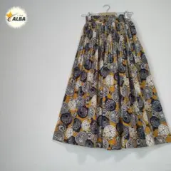 【美品】プリーツスカート　時計柄　レトロ　懐中時計　ロング丈　黄　イエロー　M
