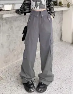 フラップポケットサイドカーゴパンツ　ワイド　グレー