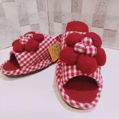 手作り 赤と白のチェックスリッパ