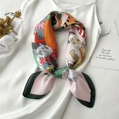 【新品未使用】カラフルコスプレ猫イラスト スカーフ 70cm x 70cm