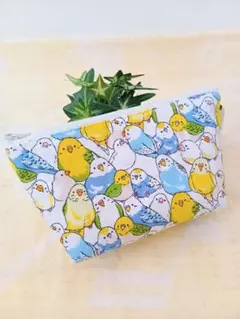 ファスナーポーチ(文鳥さんとインコちゃんアイボリー)
