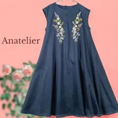 アナトリエ Anatelier フラワー刺繍 フレアワンピース ネイビー 34