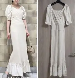 マーキュリーデュオ 異素材ヘムロングニットワンピース ベージュ