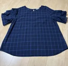 noannuノアンヌ ネイビー チェック フリル袖 半袖カットソー 3L