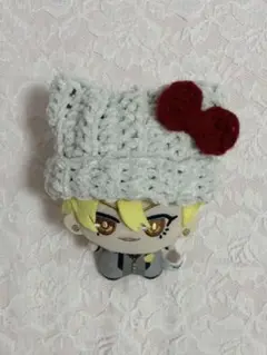 ちびぐるみ ぬい 猫耳ニット帽 ホワイト 赤リボン 編み物 かぎ編み