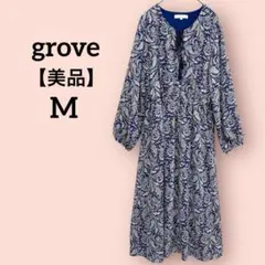 【美品】grove グローブ ペイズリー柄 長袖カットソーワンピース ネイビーM