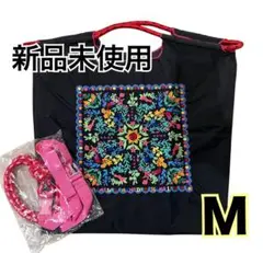 新品未使用　お花刺繍　エコバッグ M 黒/ピンク