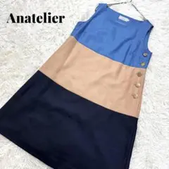 anatelier ひざ丈ワンピース ノースリーブ 金ボタン 切り替え 3カラー