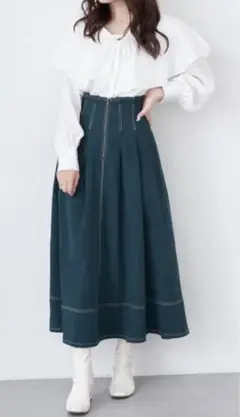 OLIVE des OLIVE 起毛ツイル前ZIPハイウェストスカート　グリーン