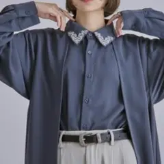 刺繍 エルノロゼット　ブルーグレー　アソートレイヤードロングシャツ　長袖　S