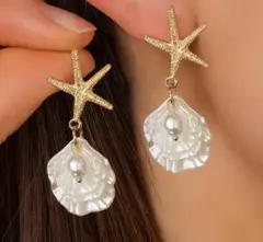 貝殻パールのダングルピアス　夏　海