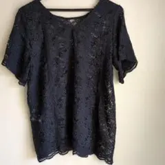 LEPSIMネイビー 花柄レース 半袖トップス　さ