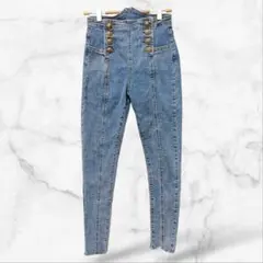 【LANCA】ハイウエストスキニーデニムパンツ 金ボタコットン混(M)ジーンズ