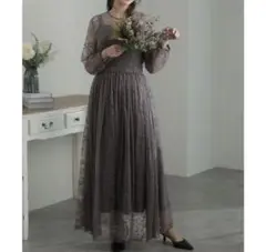 PourVous プールヴー バッグリボン総レース ワンピース チャコール