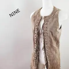 ナインNINEレザー素材フリンジロングベストベージュブラウンFジレ革