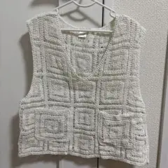 ホワイト編み込みノースリーブタンクトップ
