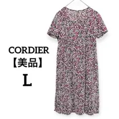 美品 CORDIERコルディア 半袖 ひざ丈ワンピース 総柄 ピンク サイズ42
