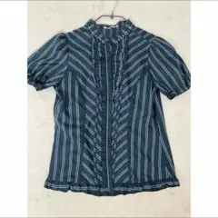 axes femme レジメストライプ半袖ブラウス緑