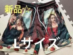 新品☆最後の晩餐キリスト メッシュショーツ ハーフパンツ 絵画柄 総柄 Lサイズ