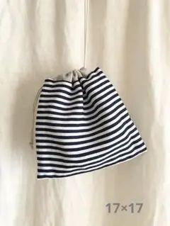 77.リネン巾着袋　ボーダー　ナチュラル