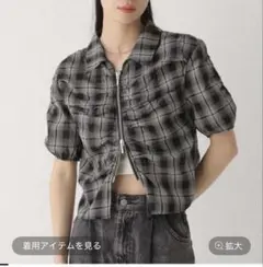 Heatherヘザー　W ZIP チェック半袖シャツ　ブラック系