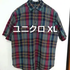 UNIQLO マドラスチェックプルオーバーシャツ(半袖) ネイビー XL