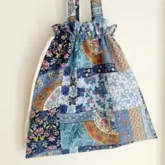 花柄　トートバッグ　巾着バッグ　ハンドメイド　バッグ　青