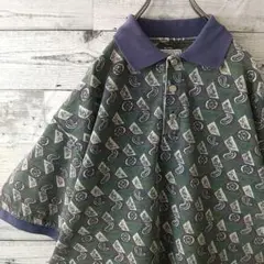 古着好き必見☆花柄 ペイズリー柄 総柄 リブライン メタルボタン ポロシャツ L